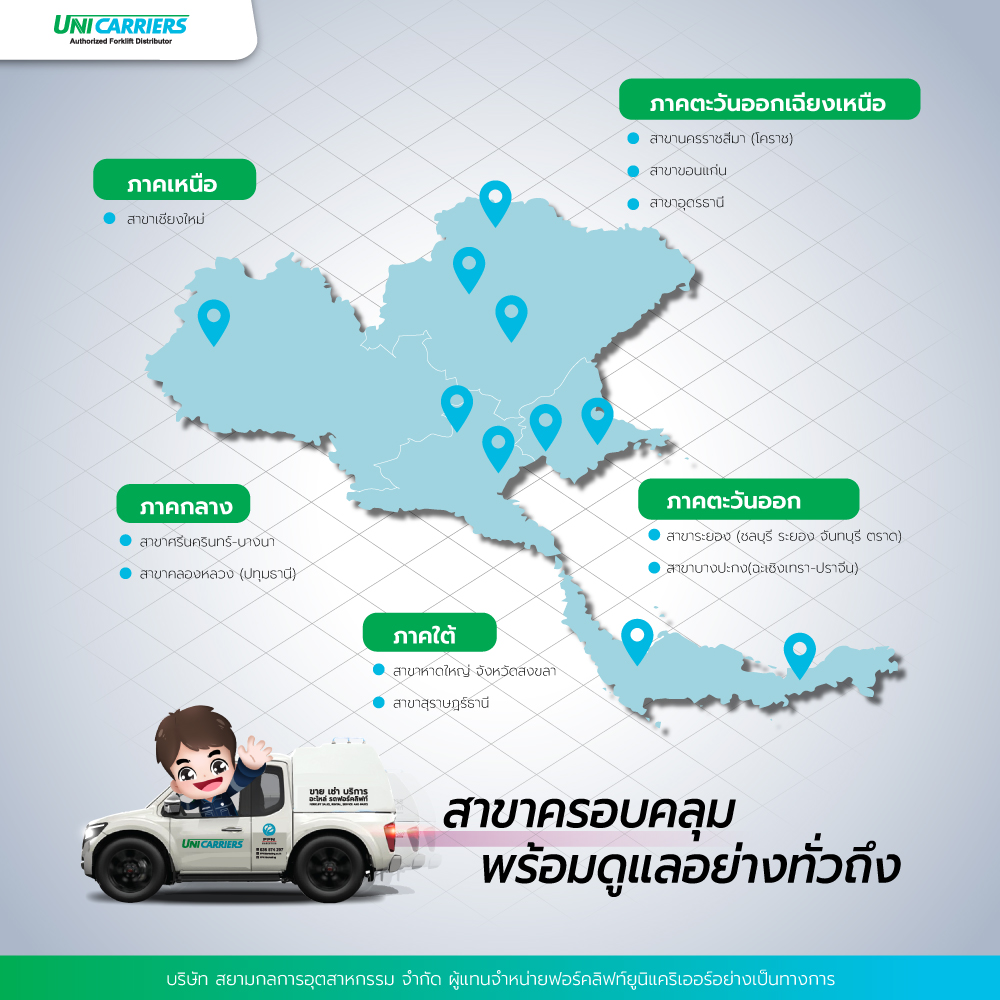 แผนที่ประเทศไทยปักหมุดชื่อจังหวัดต่าง ๆ ที่มีสาขาของยูนิแคริเออร์ เช่น ภาคเหนือ มียูนิแคริเออร์สาขาเชียงใหม่ ภาคกลาง มียูนิแคริเออร์สาขาศรีนครินทร์ และ สาขาคลองหลวง ภาคตะวันออก มียูนิแคริเออร์สาขาระยอง และ มียูนิแคริเออร์สาขาบางปะกง เส้นบางนา-ตราด (ชลบุรี-ฉะเชิงเทรา) ภาคตะวันออกเฉียงเนืองมียูนิแคริเออร์สาขานครราชสีมาหรือโคราช สาขาอุดรราชธานี สาขาขอนแก่น ภาคใต้มียูนิแคริเออร์สาขาหาดใหญ่ที่จังหวัดสงขลา และ สาขาสุราษฎร์ธานี